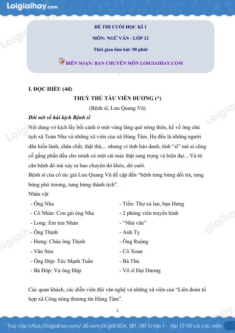 Đề thi học kì 1 Văn 12 Chân trời sáng tạo - Đề số 1